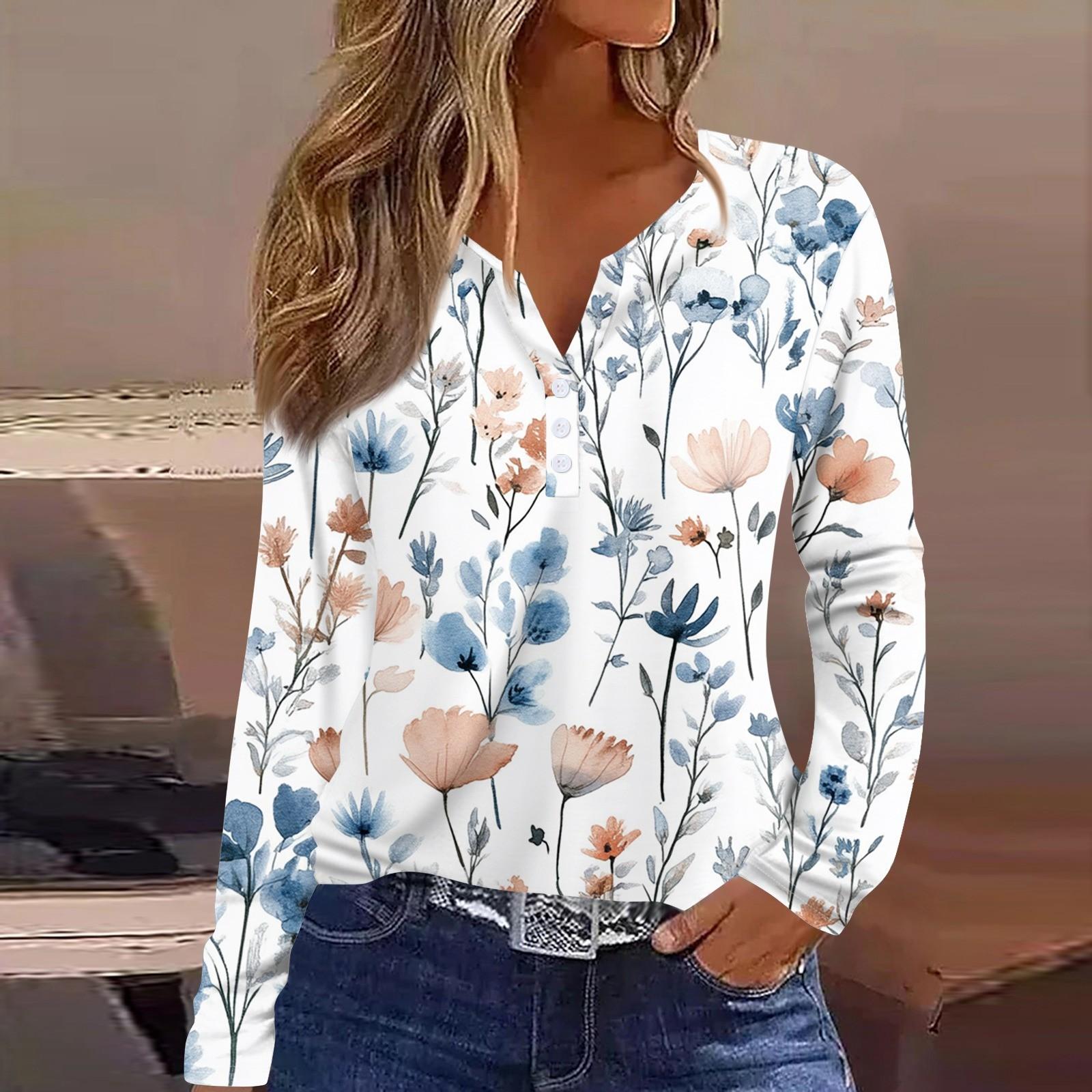 Жен. Футболка Футболка С принтом Пуговицы Длинный рукав Повседневные Выходные Мода — фото 14