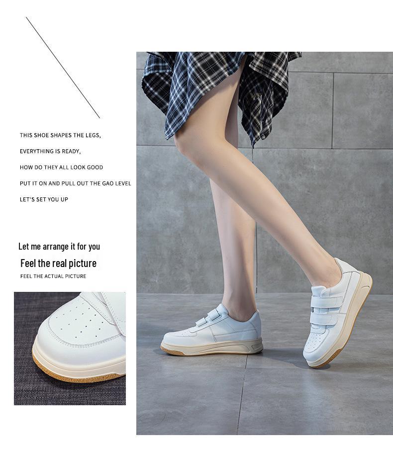 Women's White Platform Sneakers - 5cm Height Boost, Autumn Casual, Velcro, Thick Sole, Genuine Leather.