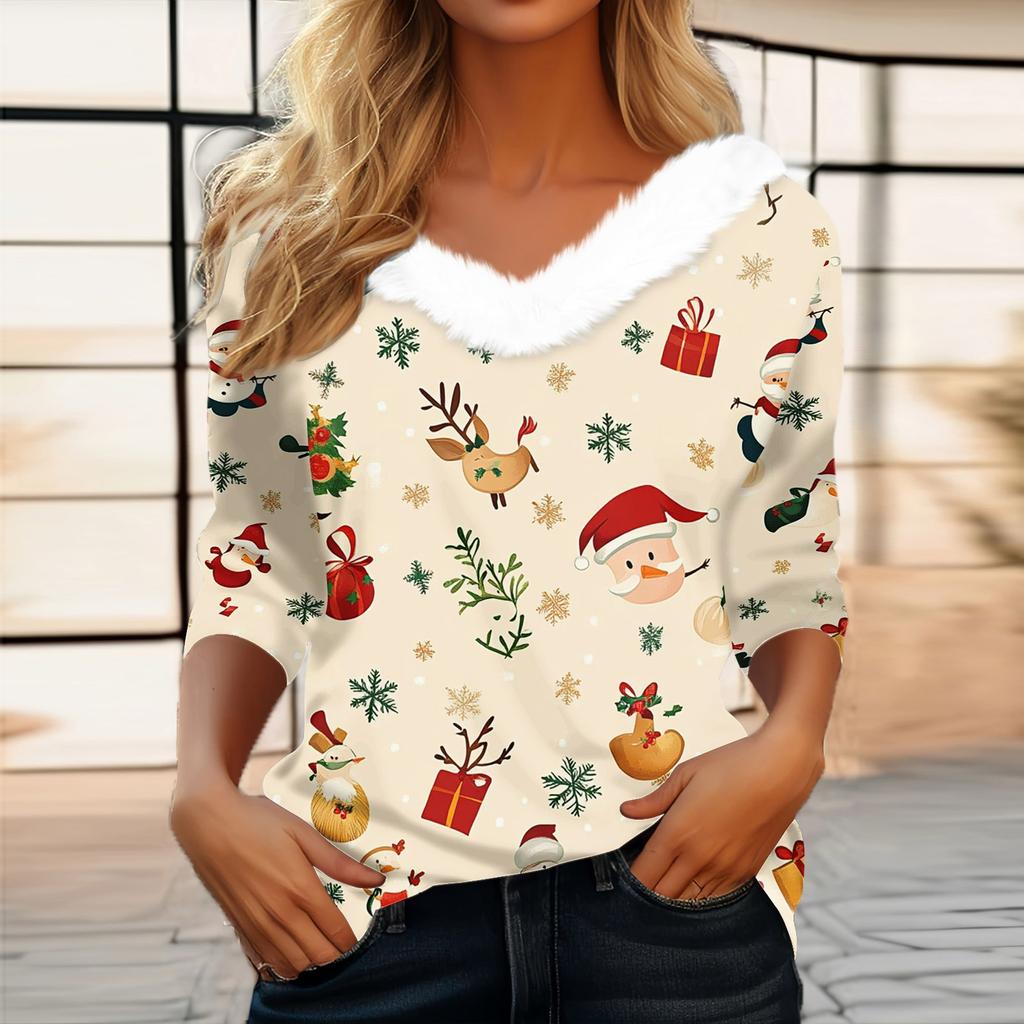 Women's Fashion Long Sleeve Christmas Print Party Collar V-Neck Top