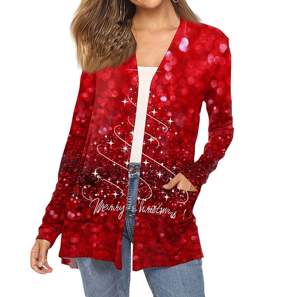 Women's Fashion Christmas Print Long-Sleeved Pocketed Slim-Fit Cardigan Coat