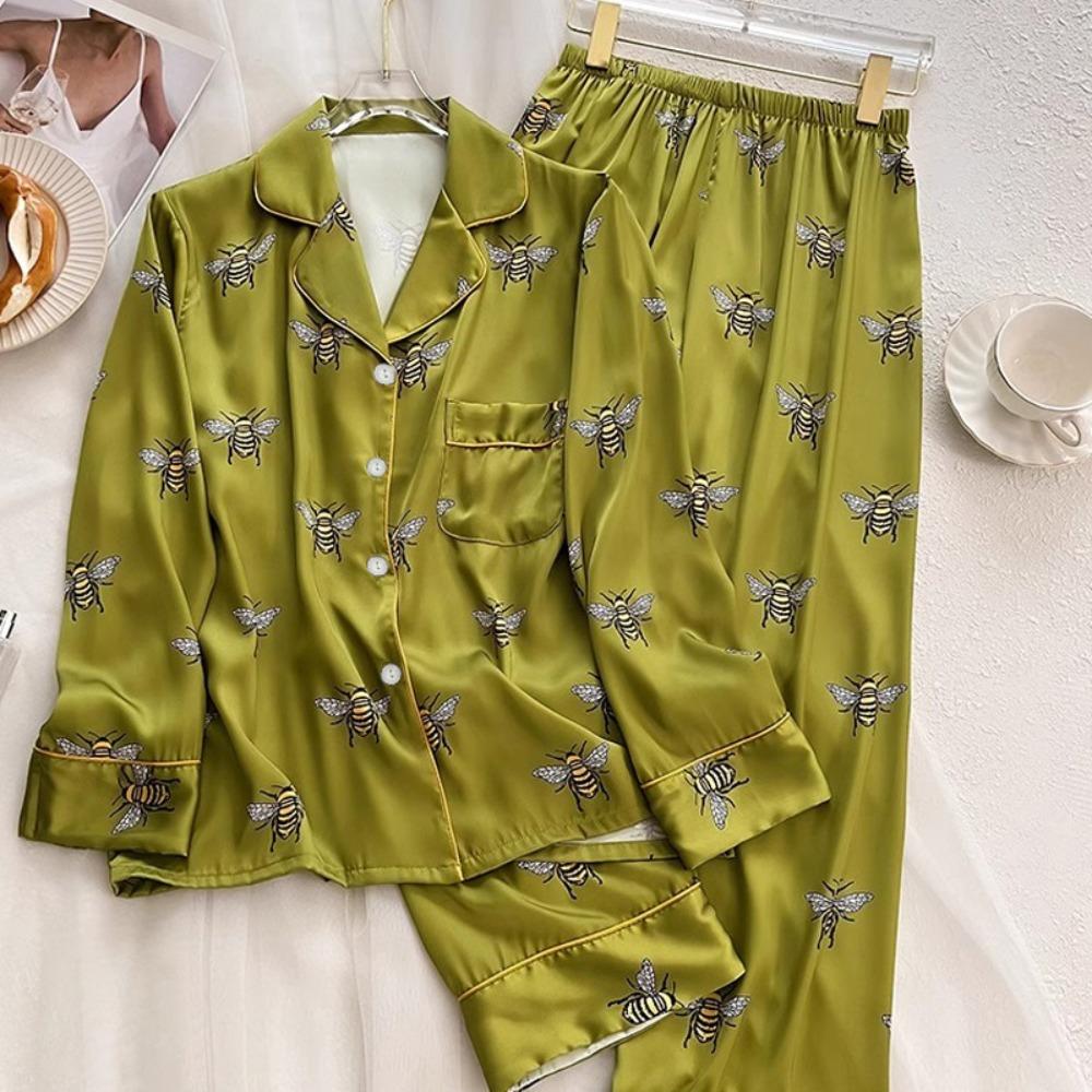 Animal Bee Print Pajamas Set for Women Sleepwear Faux Silk Satin Long Sleeve Pants Female Lounge Spring Fall Cartoon Pyjama