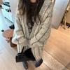 Autumn and winter new Korean version retro flower gray lantern sleeves medium and long knitted cardigan women's loose lazy thickened coat