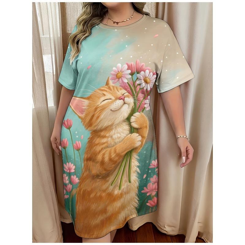 3D Print Dress Ladies Pajamas Floral Cat Printed Short Sleeve Large Size T-Shirt Going Out & Home Wear Ladies Pajamas