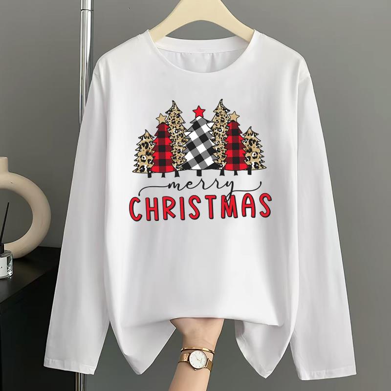 (Asian Size) sweet merry style Print T Shirt Christmas holiday Graphic Tee Women autumn winter Casual Fashion Top Clothing Long Sleeve T-shirts
