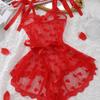 New Sexy Red Love Thin Mesh Yarn Straps Suspender Lingerie Set