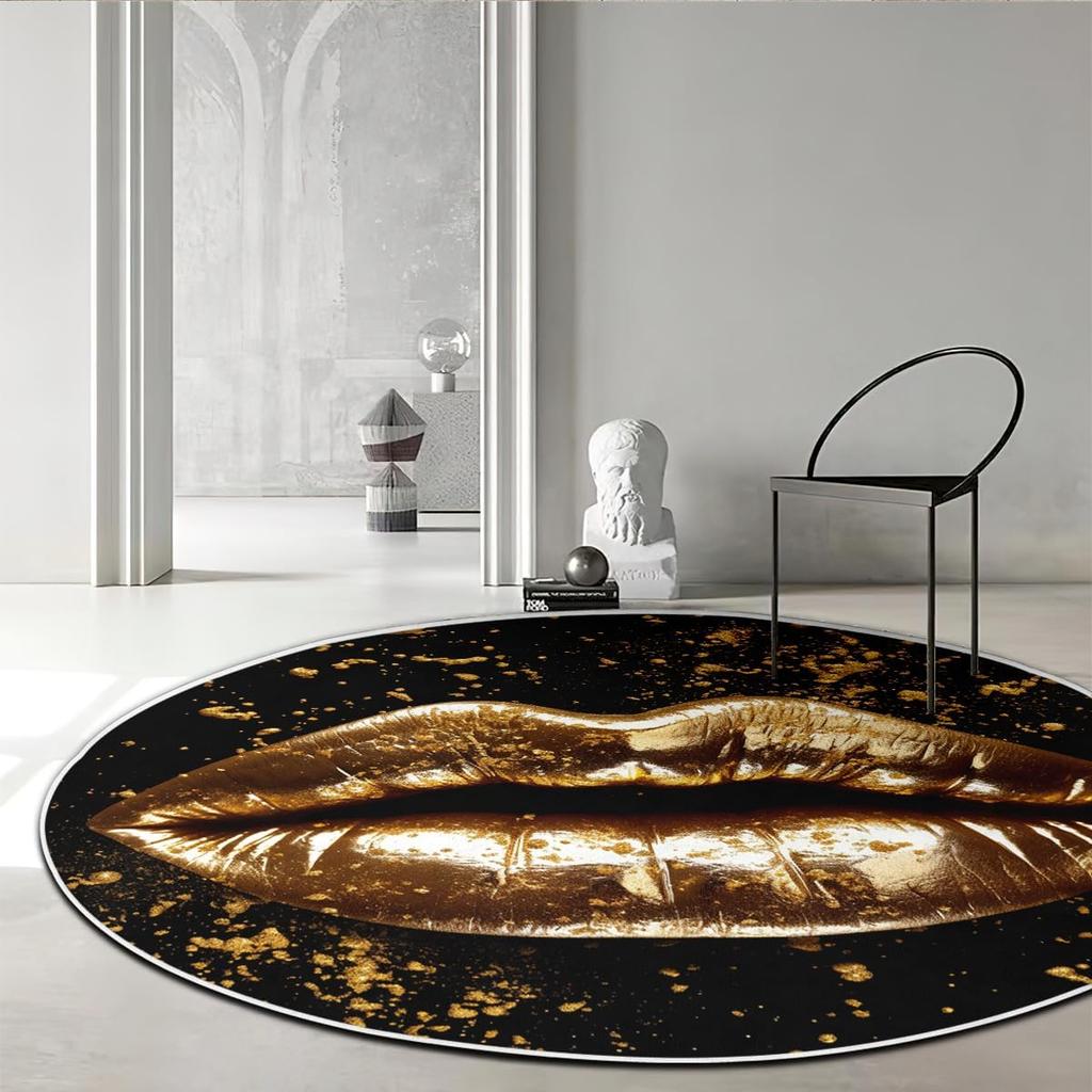 Vintage Gold Kiss Lips Round Rug, Luxurious Non-Slip Mat for Bedroom, Living Room, Nursery Decor, Machine Washable
