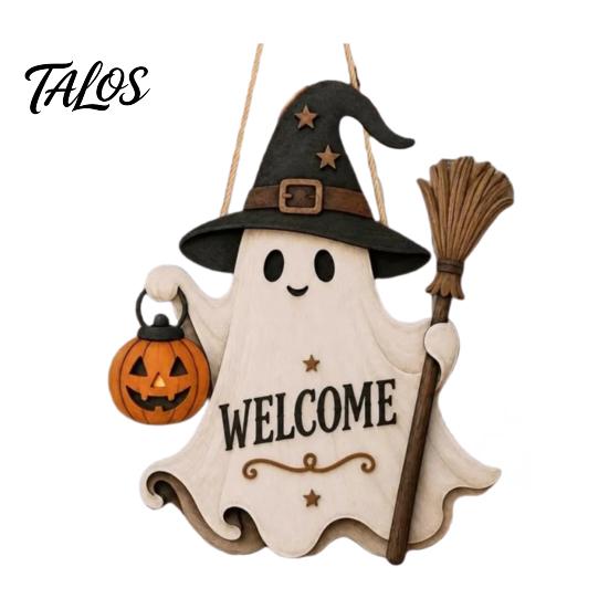 Outdoor Halloween Sign Wooden Hanging Door Sign, Cute Ghost Welcome Ornament with Witch Broomstick Hat Pumpkin Lantern Design, Holiday Wall Decor for