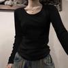 Women's Crew Neck Long Sleeve T Shirt Slim Fit American Retro Solid Color Basic Pullover Top Sexy Hot Girl Short Undershirt For Autumn Daily Outfit