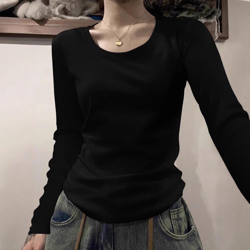 Women's Crew Neck Long Sleeve T Shirt Slim Fit American Retro Solid Color Basic Pullover Top Sexy Hot Girl Short Undershirt For Autumn Daily Outfit