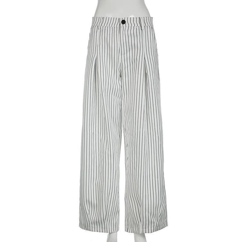 

Женские полосатые брюки для костюма, повседневные брюки на пуговицах с низкой посадкой, свободные широкие брюки, уличные брюки Y2k, корейский стиль, весна 2025 г., новинка L белый