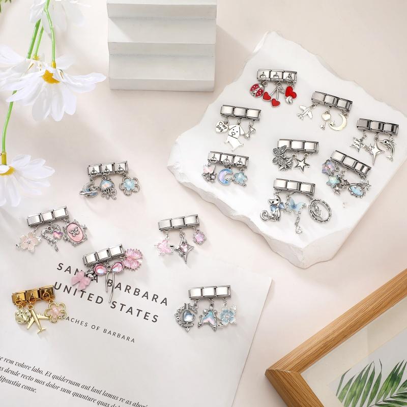 Y2K 3PCS Colorful Crystal Zircon Pendant Moon Star Bow Italian Charm Links Stainless Steel Fit 9mm Bracelet Jewelry DIY Making