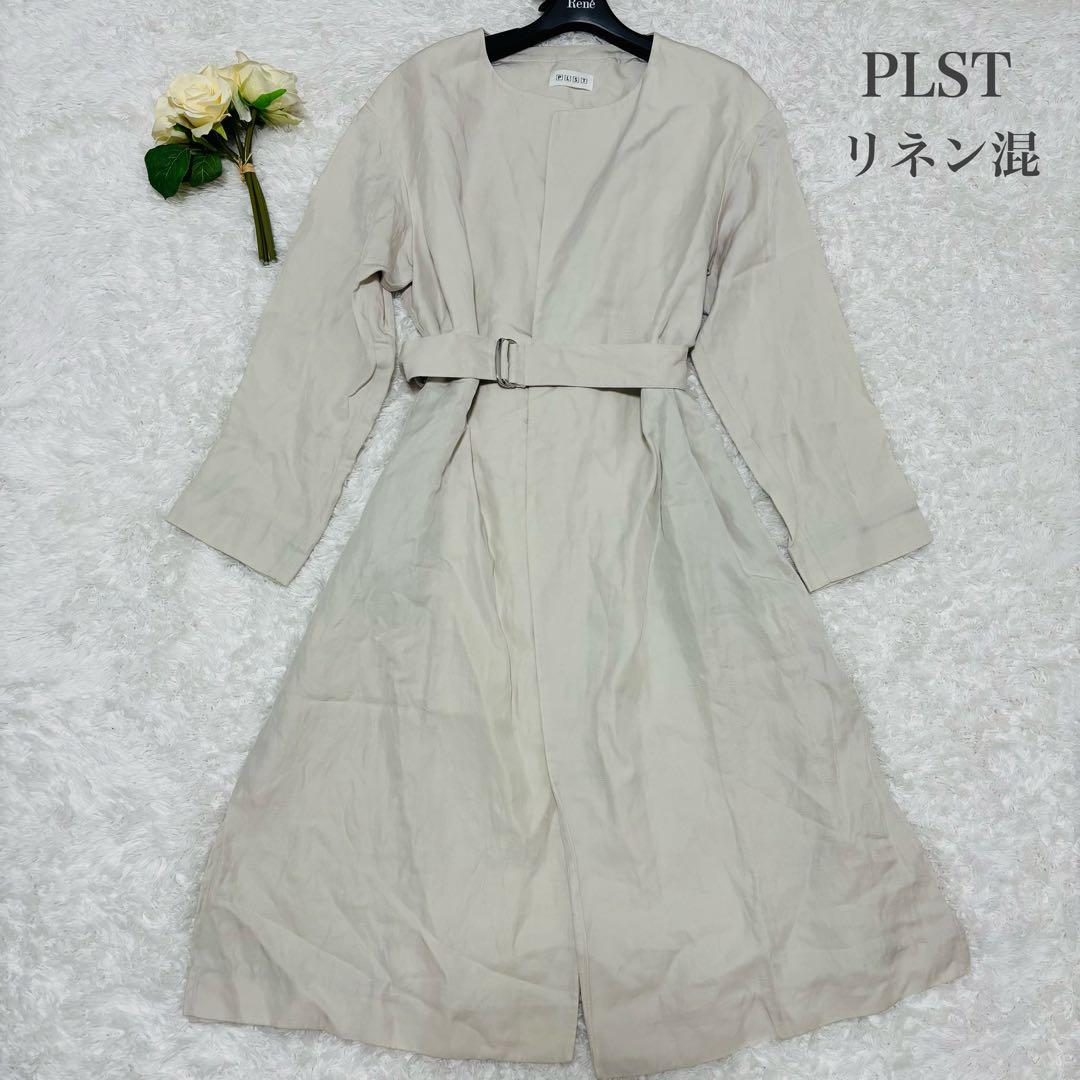 Plaste linen blend thin collarless long coat with belt spring