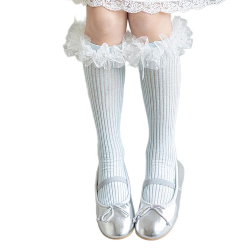Sweet Style Mesh Dress Socks with Decorative Edge Accent for Toddler Girls Formal Event Under Knee Length Stockings