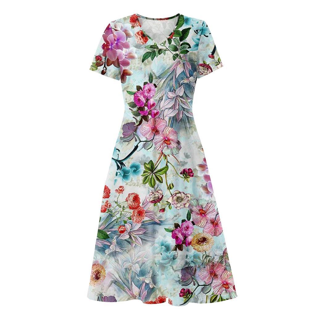 Damen-Frühlings- und Sommermode, V-Ausschnitt, kurzärmelig, Blumenmuster, lockerer Saum