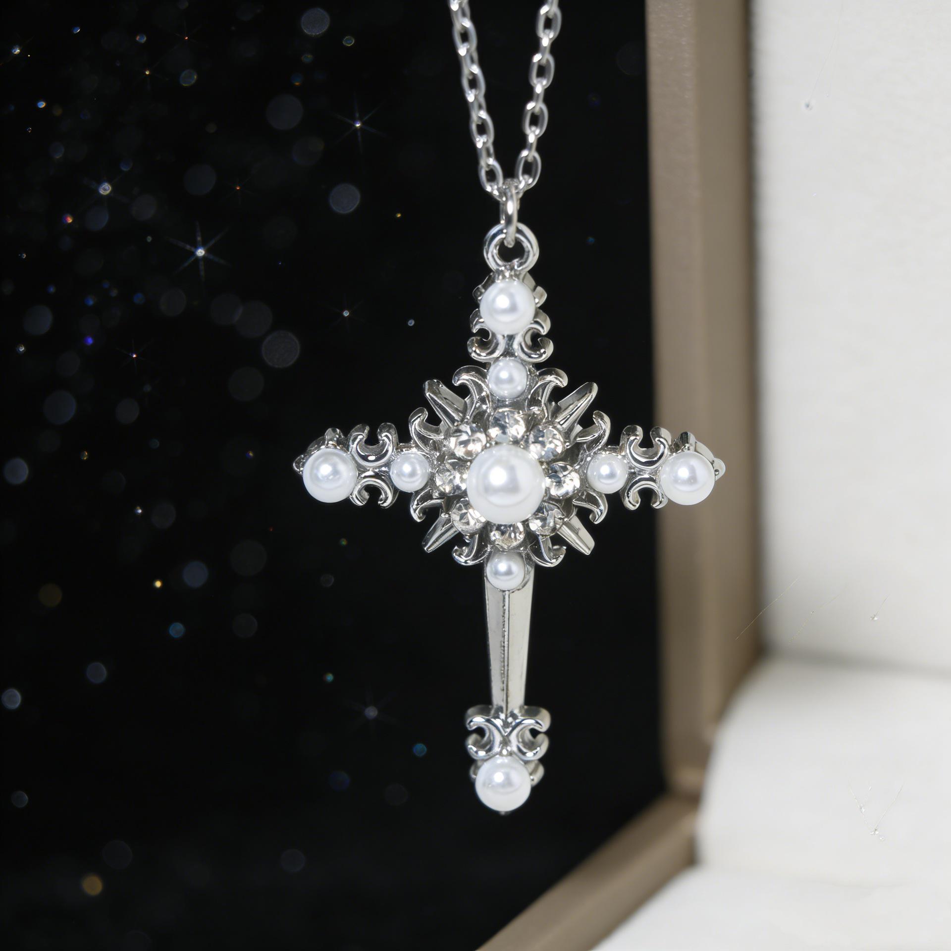 Elegant Court-Style Pearl Cross Necklace for Women