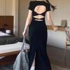 Hepburn Style French Pure Desire Black Halter Dress Children's Summer New Design Sense Split Fork Slim Hip Wrap Dress