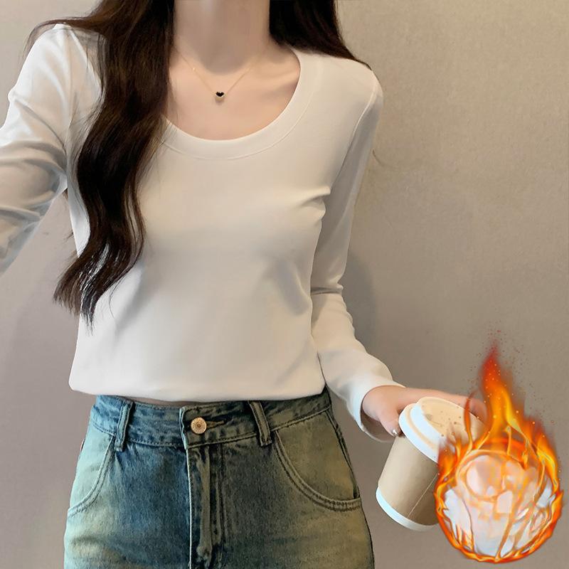 White Gray Cotton Large U-neck Long-sleeved T-shirt for Women In Autumn and Winter Design Revealing Clavicle Elastic Slim Base Top