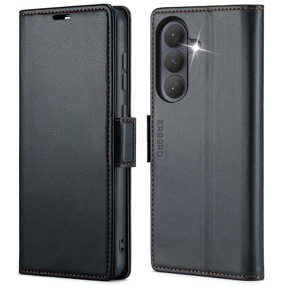 Samsung Galaxy A57 5G Case, ERBORD Glossy Litchi, Wallet with Flip, Black