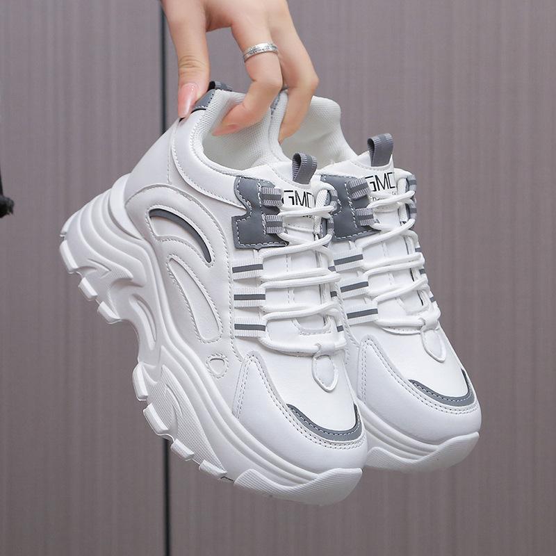 Versatile Comfy Mid-Top Solid Color Mesh Sneakers - Lace Up, Round Toe, Heightening Thick Rubber Sole, Breathable Fabric Upper