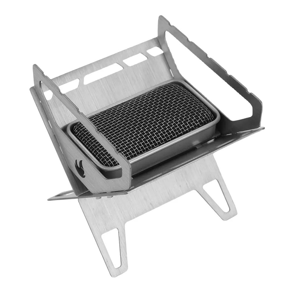 Stainless Steel Burning Camp Stove with Grill-Grid BBQ Grill Rack Set Folding Backpacking Stove for Camping Barbecue