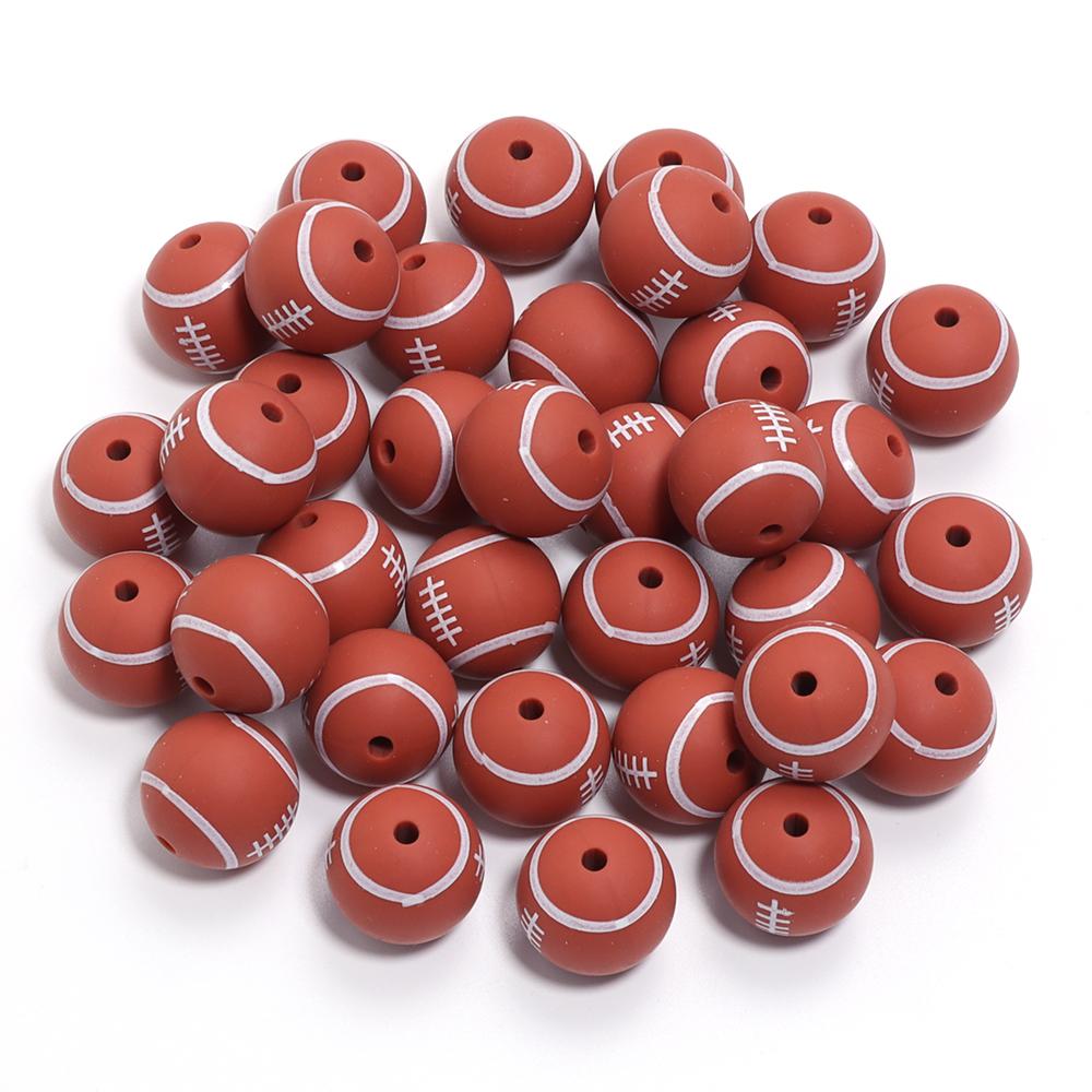 5Pcs 15mm Printed Silicone Beads Colorful Soccer Baseball Basketball Sport Silicone Round Beads DIY Keychain Jewelry Accessories