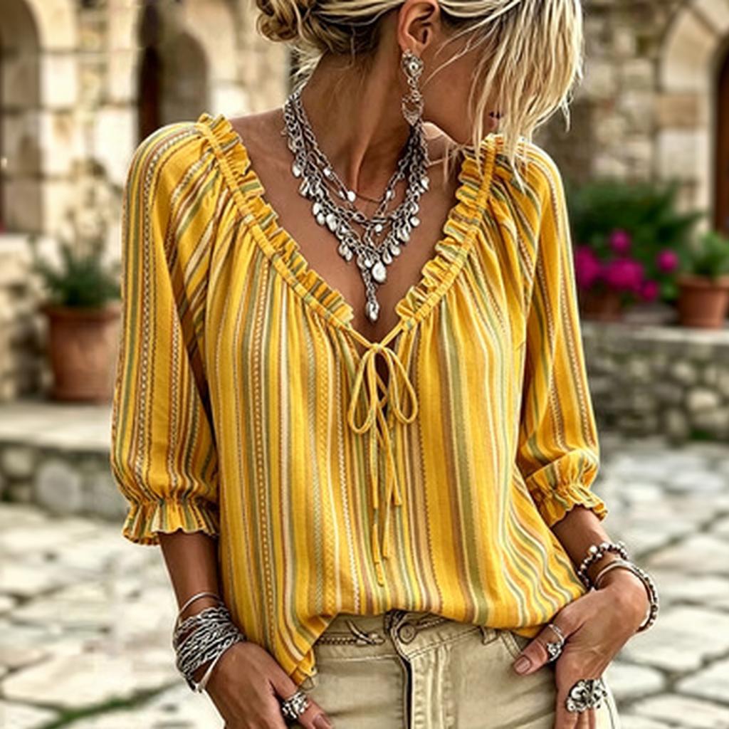 Women's Casual Striped V-Neck Blouse with Tie and Ruffled