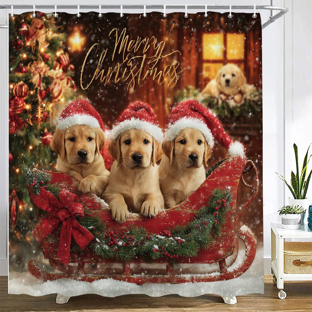 Merry Christmas Shower Curtain Christmas cat and dog Santa Claus Shower Curtains Xmas Printed fabric Decor Bathroom Curtain