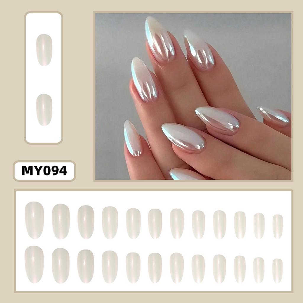 24pcs Minimalist Elegant Daily Aurora White Almond Shaped Fake Nails Nail Tips Set, Suitable For Girls And Ladies For Everyday Use Nail Supplies
