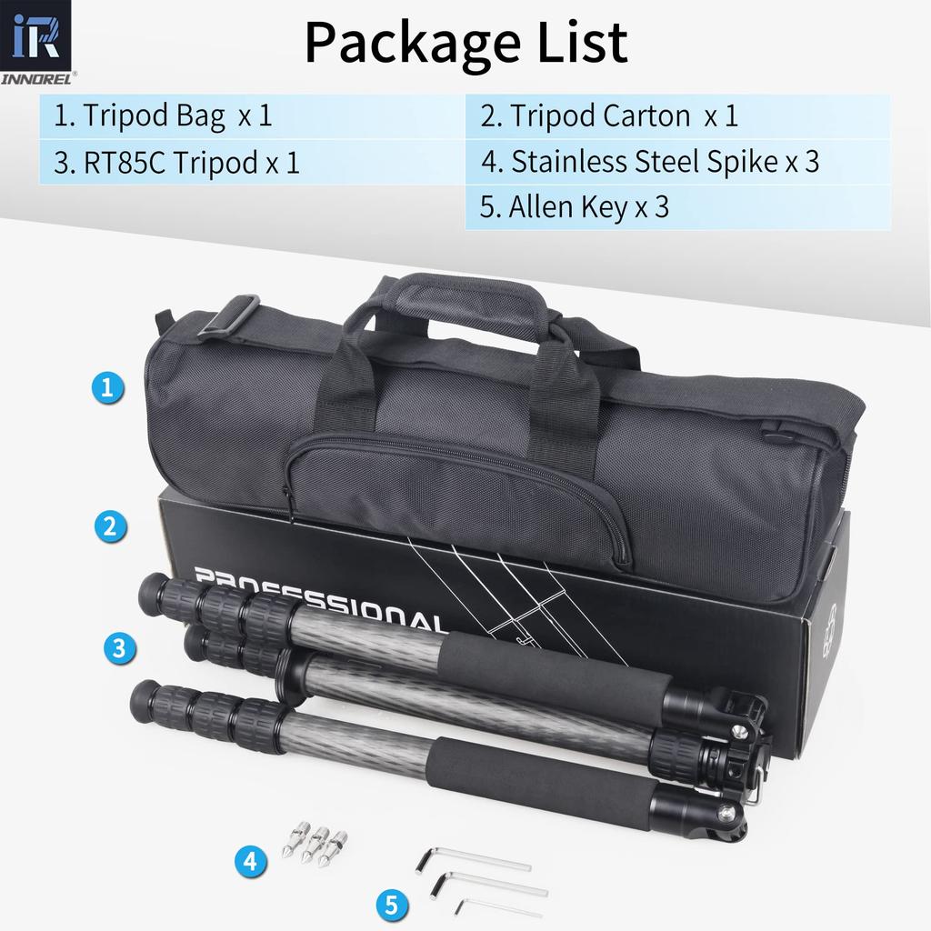 INNOREL RT85C Carbon-Stativ 173 cm Reisestativ Professionelles Mutternverriegelungstyp Aufzugstyp Tragkraft 25 kg Vierstufige Beine Verstellbares Einbeinstativ