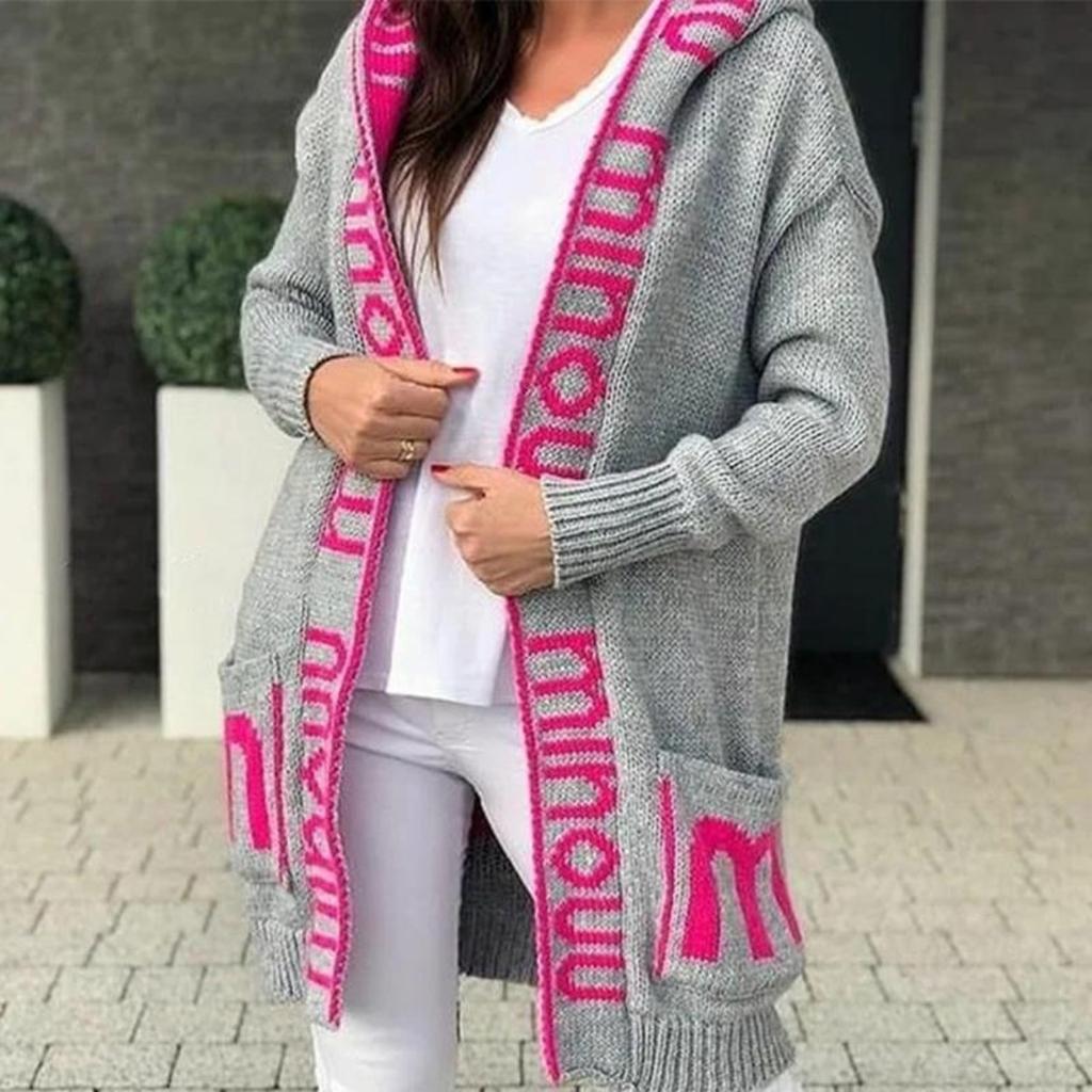 Cappotto lavorato a maglia maglione da donna con monogramma cardigan lungo con cappuccio