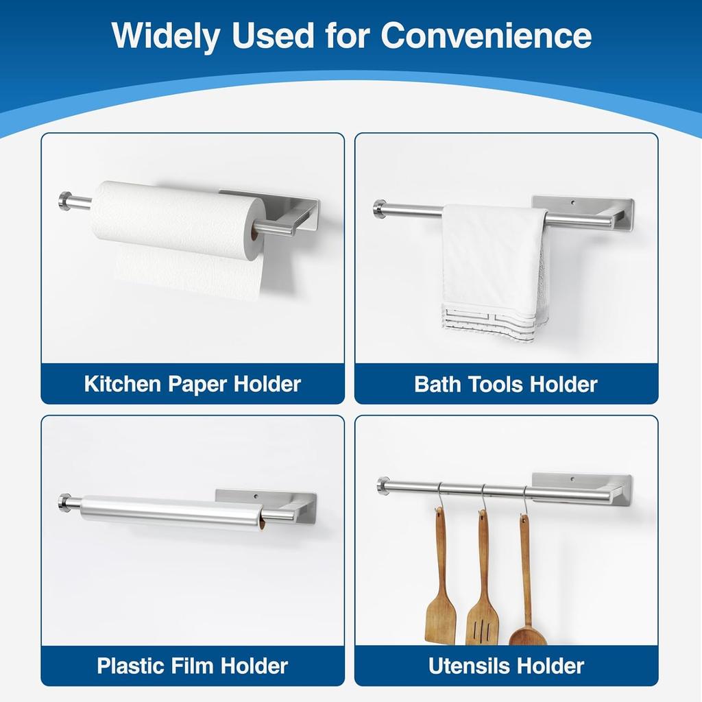 Paper Towel Holder Under Cabinet - Stainless Steel Paper Towel Holder Wall Mount, Self-Adhesive or Drilling, Silver Towel Rack for Kitchen