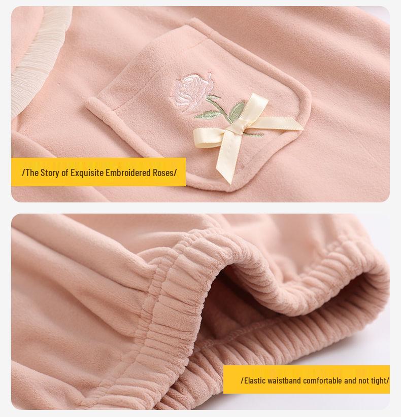 Autumn Winter Rose Embroidered Fleece Pajamas for Girls - Anti-Static, Warm Homewear for Kids