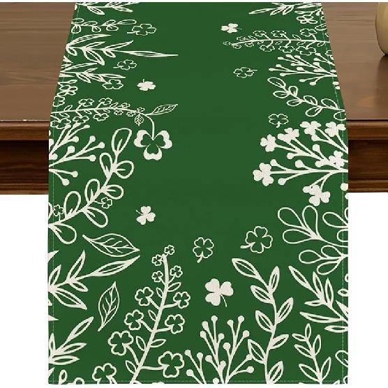 St. Patrick's Day Green Shamrocks Floral Table Runner 13x72 Inch Spring Holiday Four Leaf Clover Kitchen Dining Table Decor for Indoor Outdoor