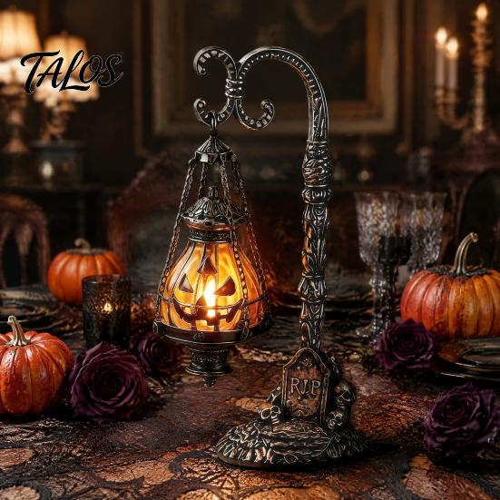 Espeluznante Adorno de Mesa de Resina Calavera Calabaza Gótica Soporte Linterna con Luz Cálida, Lámpara Decorativa de Escritorio Retro Decoración del Hogar, Luz de Atmósfera Curativa