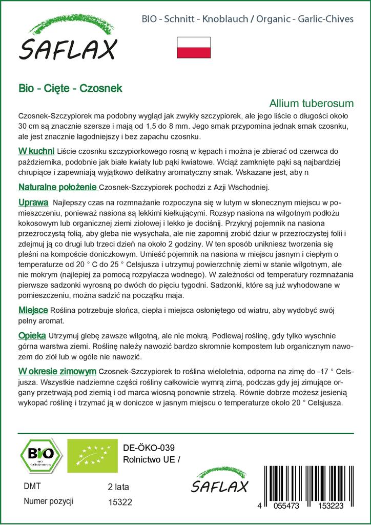 SAFLAX Garden In the Bag - Organic - Garlic-Chives - 100 Seeds - With Substrate In a Fitting Stand Up Bag - Allium Tuberosum