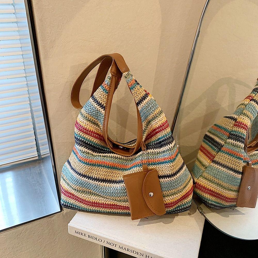 Large Capacity Beach Bag Bohemian Style Hollow Tote Bag Cute Raffia Shoulder Bag  Travel