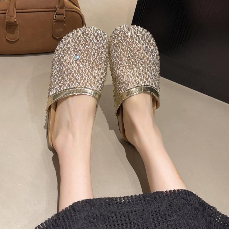 Fashion Rhinestone Half Drag Women 2025 Mesh Woven Baotou Drag Outside Wear Beach Shoes