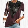Women Autumn Tops Loose Cat Cat Under Zipper Print Causal Long Sleeve T-shirt Top Blouse