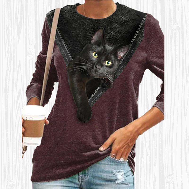 Frauen Herbst Tops Lose Katze Katze Unter Zipper Print Kausalen Langarm T-shirt Top Bluse