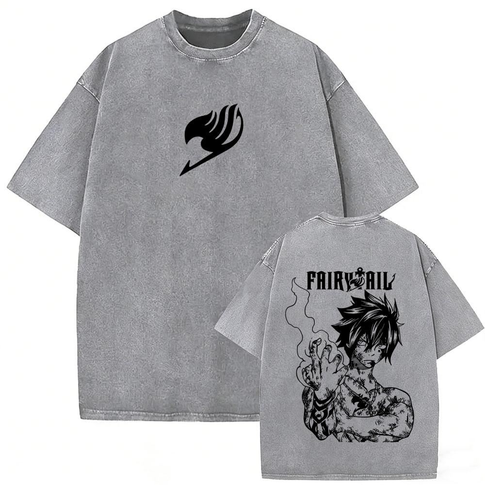 Washed Vintage Anime Fairy Tail Merch Tshirt Cartoon Gray Fullbuster Graphic T Shirt Men Women Manga Retro Oversized Tshirts