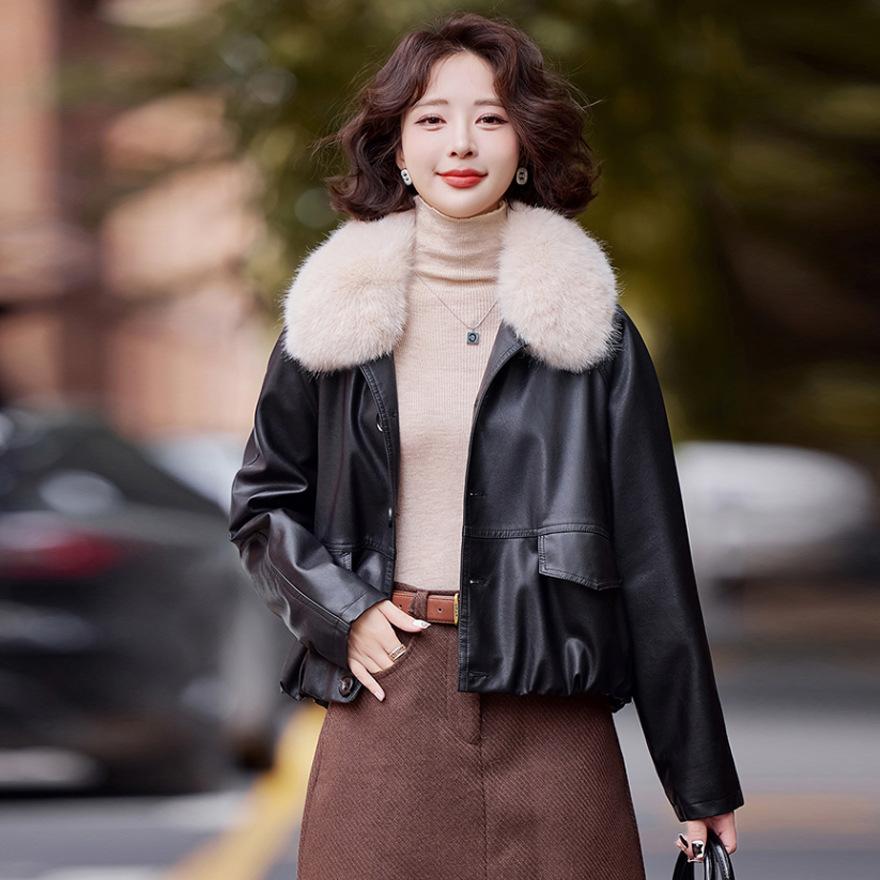 Fleece leather jacket short coat women's winter new thickened warm fashion leather jacket top