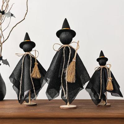 3Pcs/Set Black Witch Decorations Standing Witch with Hat Broomstick Desk Decor Rustic Halloween Centerpieces for Indoor Home Farmhouse Mantel Dining