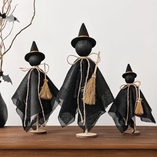 3Pcs/Set Black Witch Decorations Standing Witch with Hat Broomstick Desk Decor Rustic Halloween Centerpieces for Home Farmhouse Mantel Dining Table