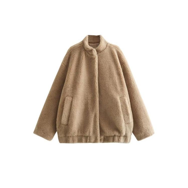 Warm Plush Fleece Bomber Jacket for Women Winter Autumn Stand Collar Coat Long Sleeve with Pockets New Outerwear