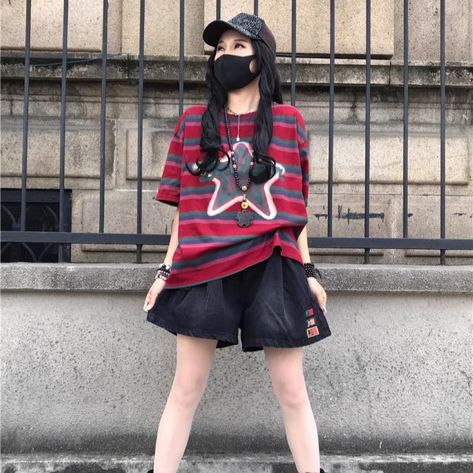 DIMANAF 2025 Summer T-shirt Women Spliced Star Printing Stripe Short Sleeve Loose Black