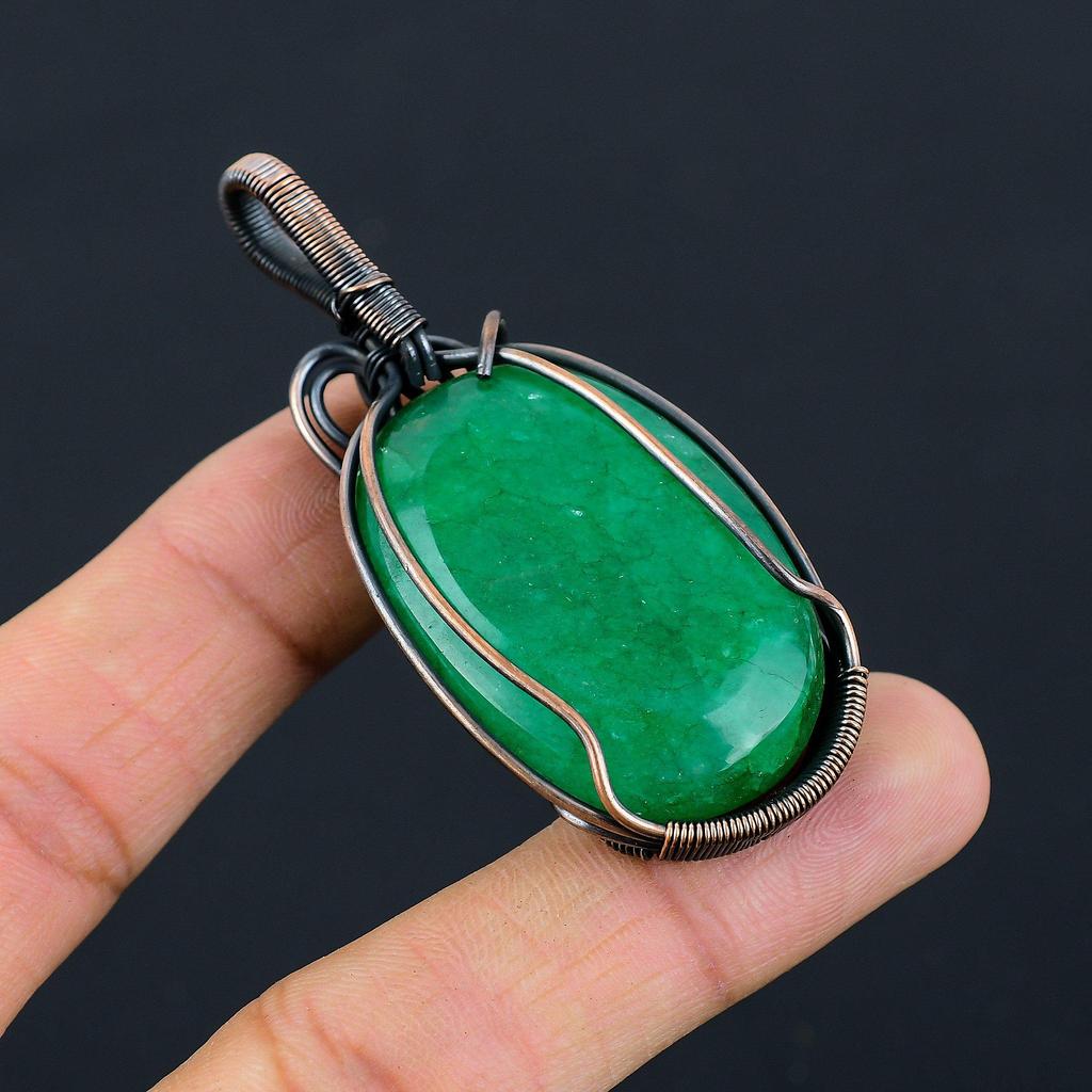 Lab-Created Emerald Gemstone Pure Copper Wire Wrapped Handmade Pendant Jewelry For Gift