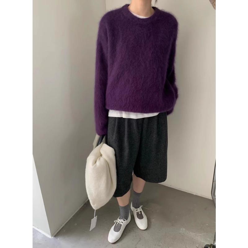 Ленивый ветер желтый белый имитация норки свитер с круглым вырезом женский осенне-зимний новый нишевый дизайн мягкий восковой вязаный свитер average size темно-фиолетового