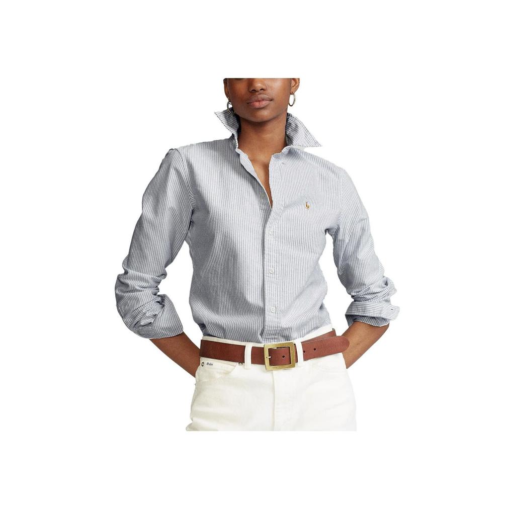 Polo Ralph Lauren Striped Single-Breasted Waist-Defining Long Sleeve Shirt Women shirts Blue 211747514-010