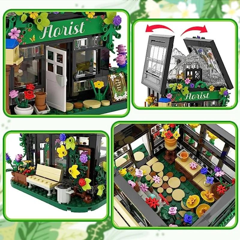 House Flower Building Set With Led Lights City Street Greenhouse Building Block Toy Garden Decor Birthday Gift For Adults Girls