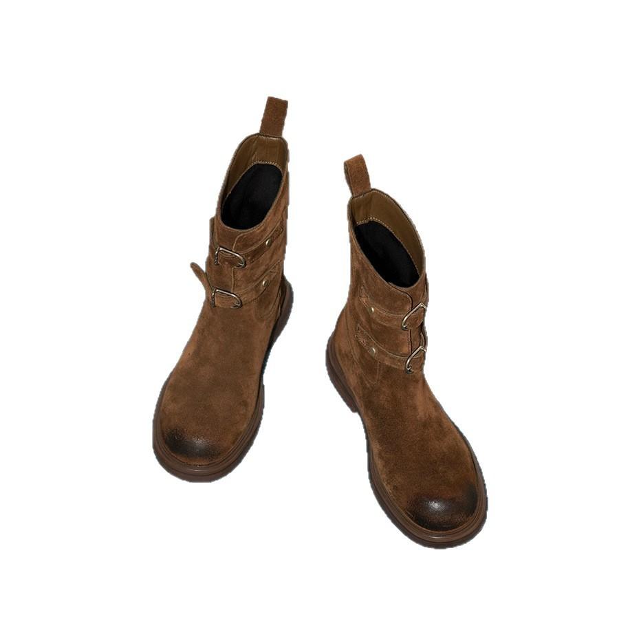 Main Push Edition~ Retro Polished Belt Buckle Western Cowboy Boots Skinny Short Boots Women's Maillard Martin Boots Locomotive Boots